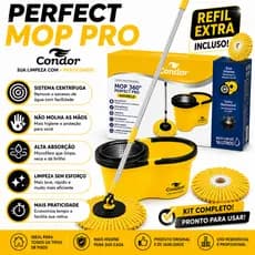 Esfregão Condor Perfect Pro Mop Profissional 360° Balde Inox Cabo Longo Microfibra 16L Com Refil Extra