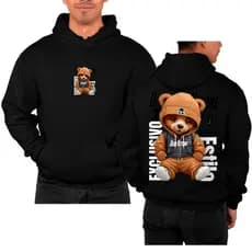 Moletom Unissex Canguru Urso Estiloso Exclusivo 03 Blusa Abrigo Algodão Estampa Frente e Costas Top