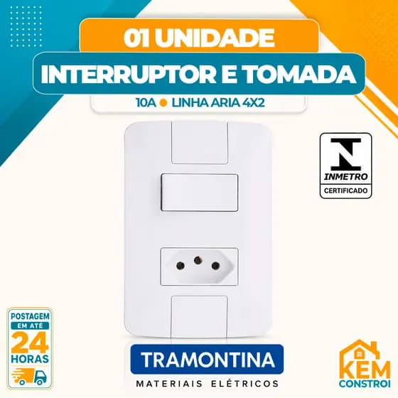 Interruptor Simples + Tomada 10A Aria Tramontina 4x2 Tomadas e Interruptores