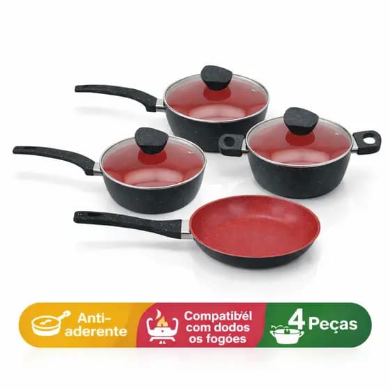 Conjunto Panelas Antiaderente Tampa Vidro 4 Peças Preto Vermelho Prático Durável