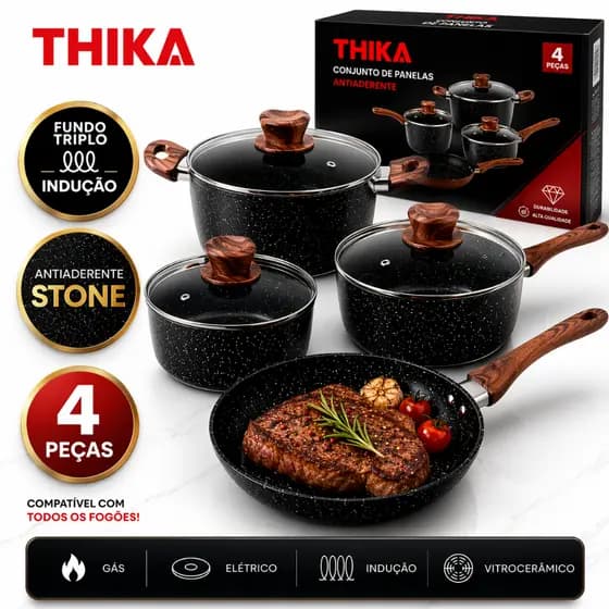 1 kit com 4 peças de Panelas Antiaderente Tampa Vidro  Preto Durável Prático Elegante