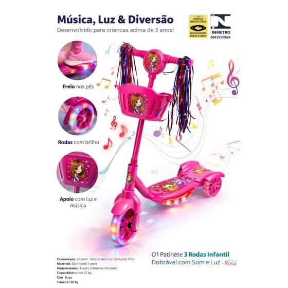 🌸🛴 PATINETE INFANTIL 3 RODAS COM LUZ E SOM – ROSA 🛴🌸