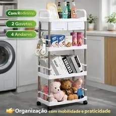Carrinho organizador, 4 prateleiras, 2 gavetas, rodinhas e peças de montagem