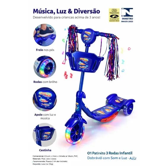 🛴✨ PATINETE INFANTIL 3 RODAS COM LUZ E SOM – AZUL ✨🛴  patinete infantil  patinete 3 rodas  patinete criança✨🛴