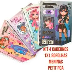 kit4 Cadernos Meninas,Espiral Escolar Universitário Capa Dura 1Matéria 80folhas 20x27,5cm