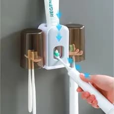 PORTA ESCOVA DENTAL DE PAREDE DE PLASTICO COM 2 COPOS + DISPENSER PARA PASTA DE DENTE