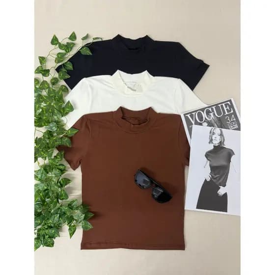 Kit 3 Blusa e Cropped  Feminina Gola Media Alta  Em Malharia  Algodão peruano