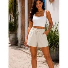Shorts Linho Feminino  Com Elástico Na Cintura E Com Bolso estilosa tendencia  dia  a dia