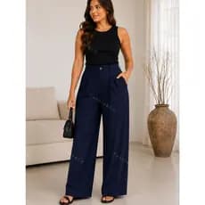 Calça Social Feminina Elegante de Cintura Alta com Pregas e Wide Leg, Casual para Escritório com Caimento Fluido e Bolso