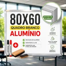 Lousa Branca Quadro Branco 80x60cm + 2 Pincel Marcadores + 1 Apagador Didática Média Aluminio