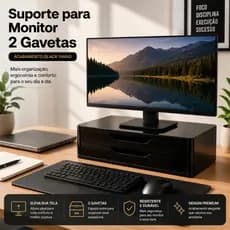 Suporte Monitor Organizador Preto Decorativo Duas Gavetas Base Para Computador MDF