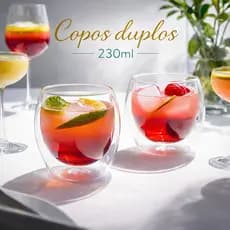 Conjunto 2 Copos Parede Dupla de Vidro Transparente Grande 230ml Para Bebida Café Chá Suco Cerveja