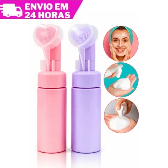 Frasco Pump Espumador com Escova de Silicone em Coração – Limpeza Facial e Massagem