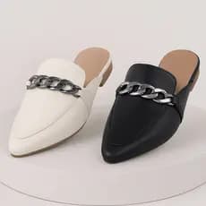 Sapato Feminino Bico Fino Mule Casual Com Detalhe de Corrente Confortável Dia a Dia Promoção