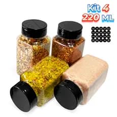 Jogo de 4 Potes Temperos Condimentos Sal Parrilha 220ml Tampa Dupla Reforçada com Etiquetas