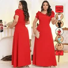 Vestido Longo Liso Feminino Básico Manga Laço Crepe Moda Evangélica Rodado Preto Vermelho Natal
