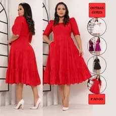 Vestido Midi Lese de Algodao Moda Evangelica Rodado Festa Laise Vermelho Preto
