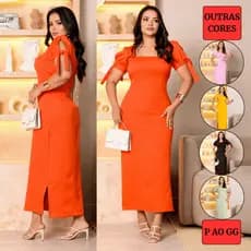 Vestido Midi Fenda Liso Alfaiataria Manga Laço Moda Evangelica Basico Casual Preto Amarelo Rosa