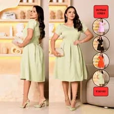 Vestido Moda Evangelica Rodado Com Pregas Crepe Alfaiataria Liso Manga Princesa Preto Rosa Verde