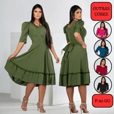 Vestido Moda Evangélica Manga Midi Crepe Longuete Peito Sobreposto Renda Laço Cristã Rodado Tecido