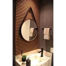 Espelho Redondo 25 cm Alça em Couro  Decoração Sala Banheiro Lavabo Casa Loja