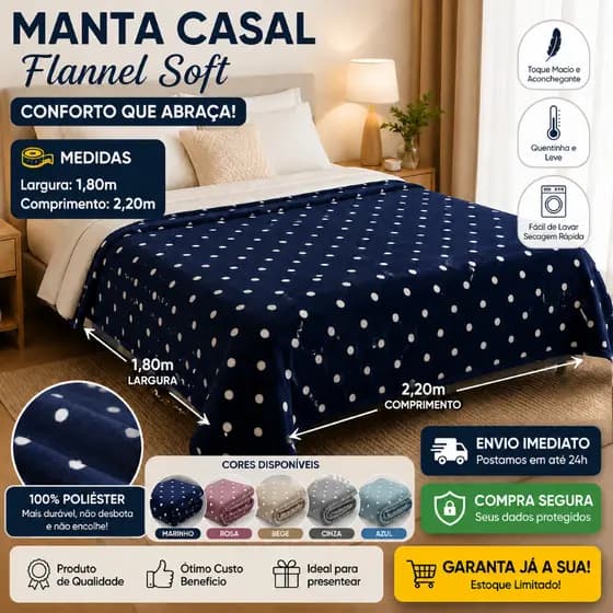 Cobertor Manta Flannel Soft – Super Macio e Quentinho  e confortavel, 100% poliéster