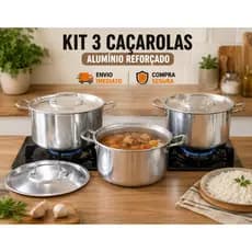 Kit Feijoada 3 Caçarolas Alumínio Polido Nº26 Nº28 Nº30 – Panela Caldeirão Reforçada com Fundo Firme e Brilho Premium
