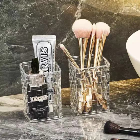 Organizador Maquiagem Porta Pincéis de Cosméticos e Porta-Canetas em Plástico PET Transparente Multiuso Elegante