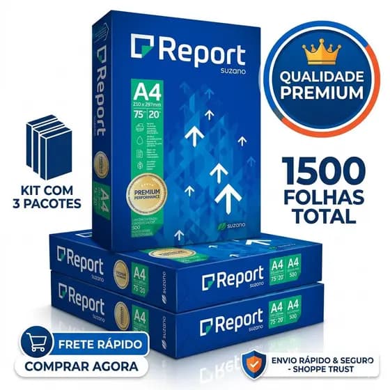 Kit 3 Pacotes de Papel Sulfite Report Folha Ofício Para Impressão A4  com 500 Folhas