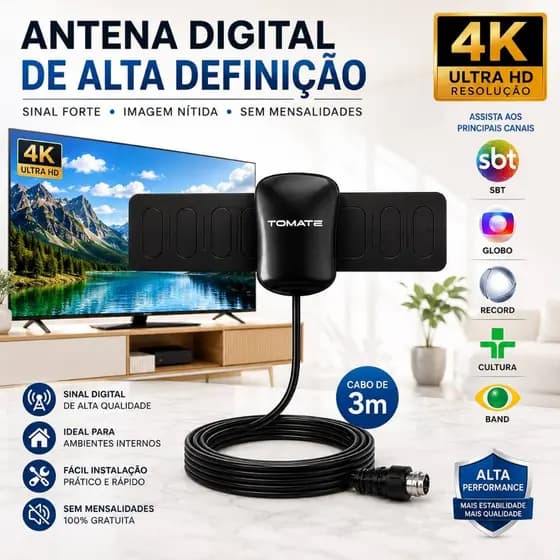 Antena Digital Multifunciona Tomate Interna e Externa Para Tv Full Hdtv 4k Sinal nítido e alcance poderoso