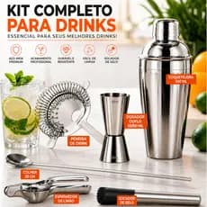 Kit Completo para Drinks Bartender Profissional Coqueteleira Inox Dosador Colher Socador Peneira e Espremedor de Limão