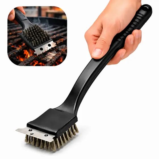 Escova para Churrasqueira 2 em 1 30cm com Cerdas de Aço e Raspador Inox | Limpeza Profissional de Grelhas