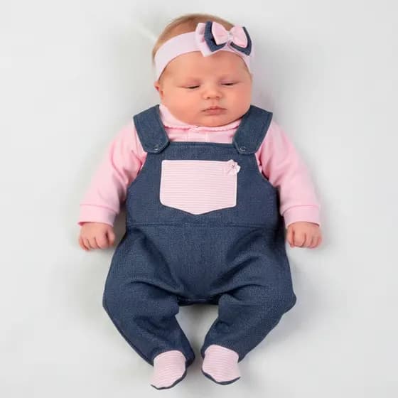 Conjunto 03 Peças Chiquinha Body Manga Longa com Jardineira Para Menina
