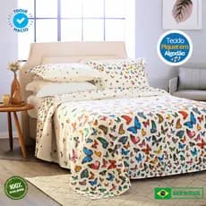 Colcha Cobre Leito Cama Kit 3 Peças Borboletas Tecido Piquet Estampado Toque Macio