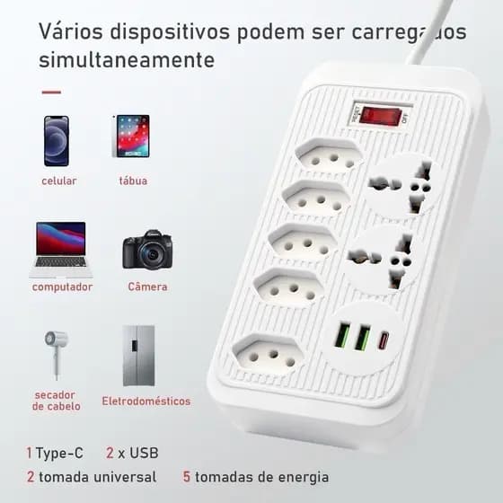 Extensão Régua de 5 Tomadas 2 Universal 2 USB 1 Tipo-C 1,90m - WZK-5221