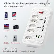 Extensão Régua de 5 Tomadas 2 Universal 2 USB 1 Tipo-C 1,90m - WZK-5221