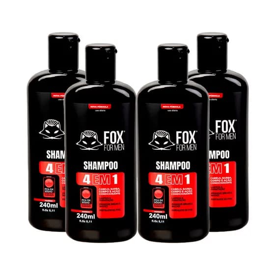 Kit 4 Shampoo 4 Em 1 240ml Fox For Men - Cabelo Barba Corpo Extrato Mandioca