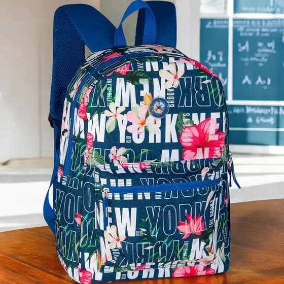 Mochila Juvenil Clio Style Flores Preto Verde e Azul - Costas, Estilo e Qualidade