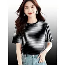 Camiseta listrada slim fit estilo coreano, manga curta, tops femininos elegantes e versáteis