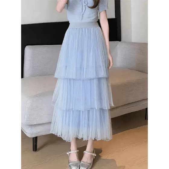 Saia Tule Alta Cintura Primavera Verão Plissada Elegante e Casual