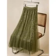 Saia midi feminina de tule com lantejoulas, cintura alta e elegante
