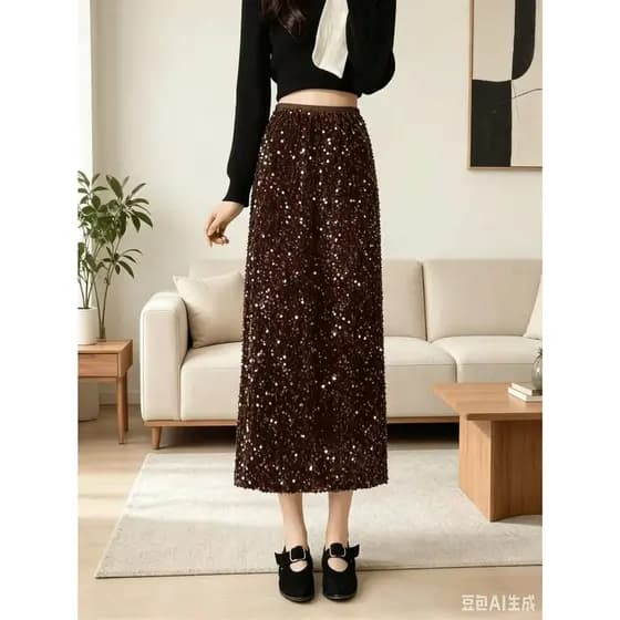 Saia midi com lantejoulas, novo modelo casual com fenda traseira