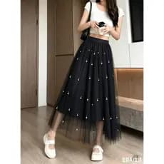 Saia midi de tule com aplicações de miçangas  Pérolas    Formal e Noturno
