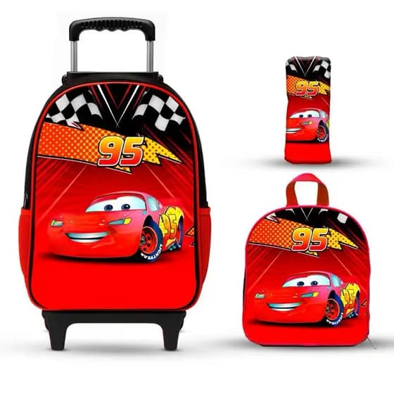 Kit Mochila Escolar Infantil Carros com Lancheira e Estojo