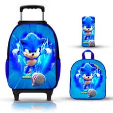 Mochila Escolar Infantil Sonic Rodinhas Lancheira Estojo Reforçada