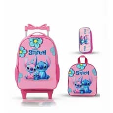 kit mochila escolar infantil lancheira termica e estojo stitch com rodinhas