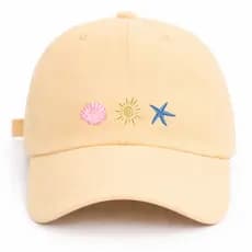 Boné Feminino Desenhos Concha Sol Estrela do Mar Praia Verão Calor Sol Chapéu Premium Ajustável Casual Básico Aba Curva