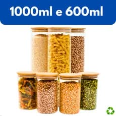 Conjunto Porta Mantimento De Vidro 1000ml e 600ml Hermético Tampa De Bambu Para Alimentos Temperos