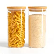 Kit 2 Potes de Vidro 1000ml Tampa de Bambu Hermetico Redondo Mantimentos Tempero Alimentos
