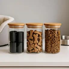 Kit 3 Potes de Vidro Hermético com Tampa de Bambu 1000ml e 600ml Armazenamento Ração Petiscos PET Gato Cachorro Pássaros